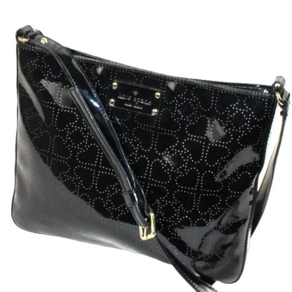 Kate Spade Darby Metro Black Patent Perforated Spade Crossbody Bag